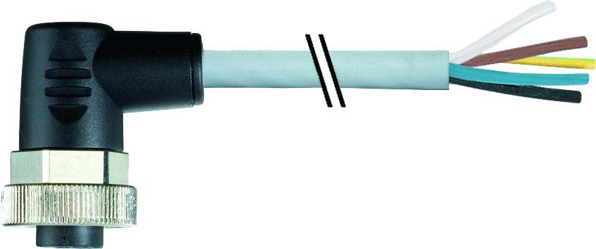 Un connecteur coudé avec des extrémités de câbles de différentes couleurs exposées, adapté aux connexions électriques.