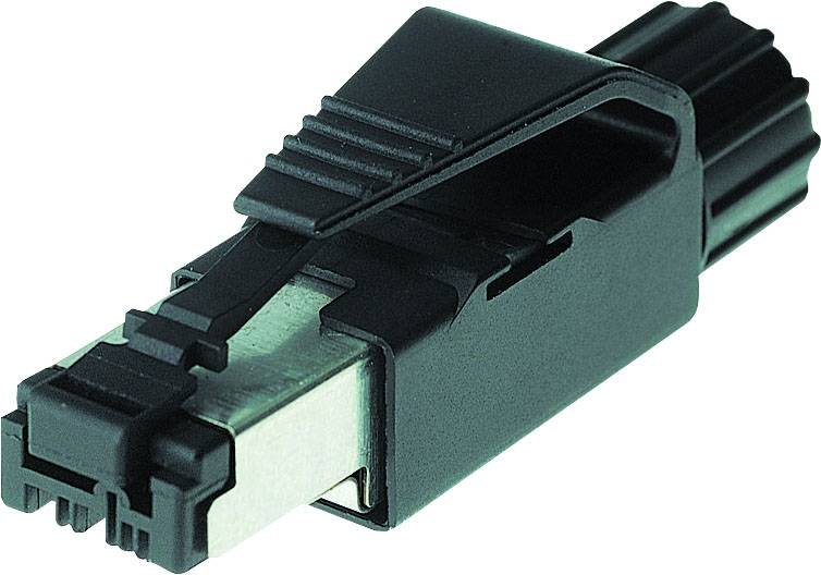 Un connecteur RJ45 noir avec un boîtier métallique et des clips en plastique, adapté pour les connexions de câbles réseau.