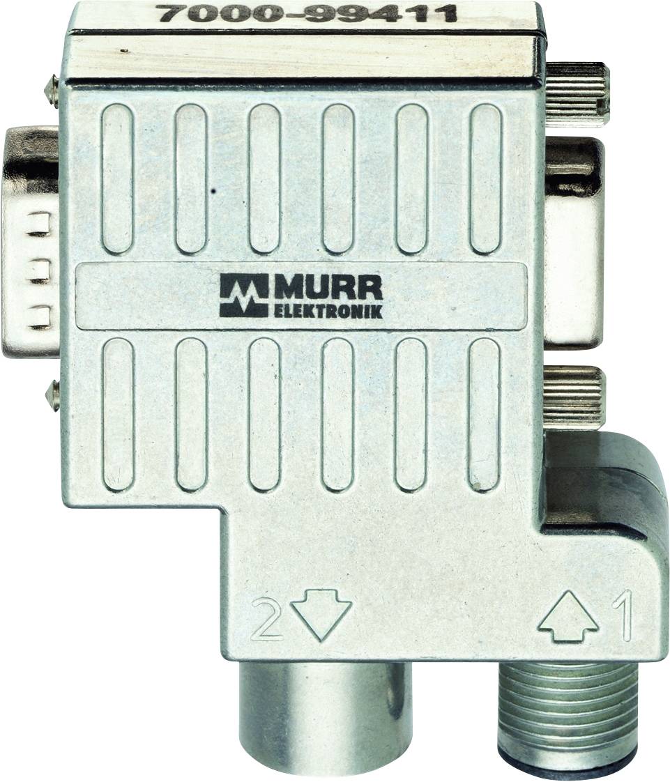 Un connecteur métallique de la marque Murr Elektronik portant l'inscription '7000-99411'. Le connecteur présente deux symboles de flèches (haut et bas).