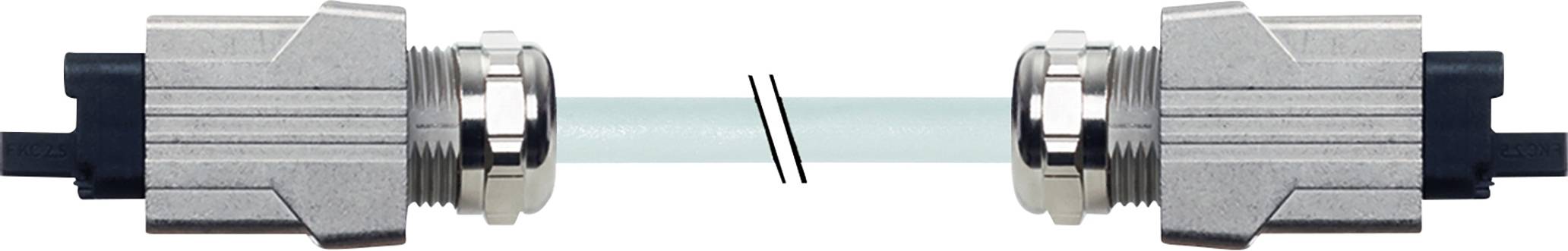 Connexion à fibre optique avec deux connecteurs situés aux extrémités, reliés par un fin câble à fibre de verre.