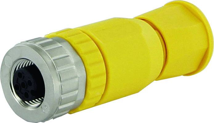 Connecteur industriel jaune à filetage métallique avec plusieurs emplacements, adapté aux applications industrielles lourdes.