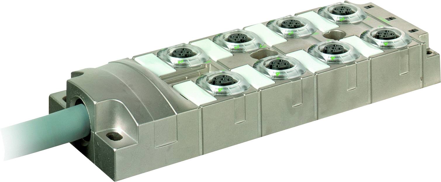 Boîte de distribution métallique avec huit raccordements, câble vert connecté à gauche, représentée sur fond blanc.