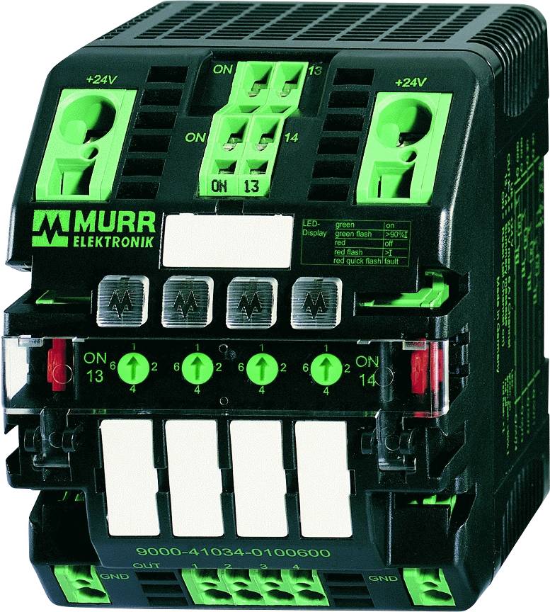 Un module de relais électronique avec des voyants LED verts et rouges pour l'état de fonctionnement. Étiqueté '+24V' et 'ON 13'.