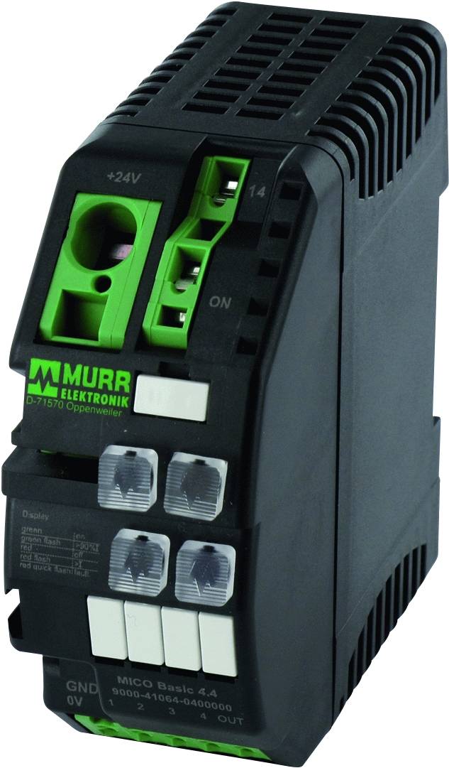 Dispositif électronique de Murr Elektronik avec logo vert, bornes de connexion pour 24V et 14V, interrupteurs et voyants de statut.