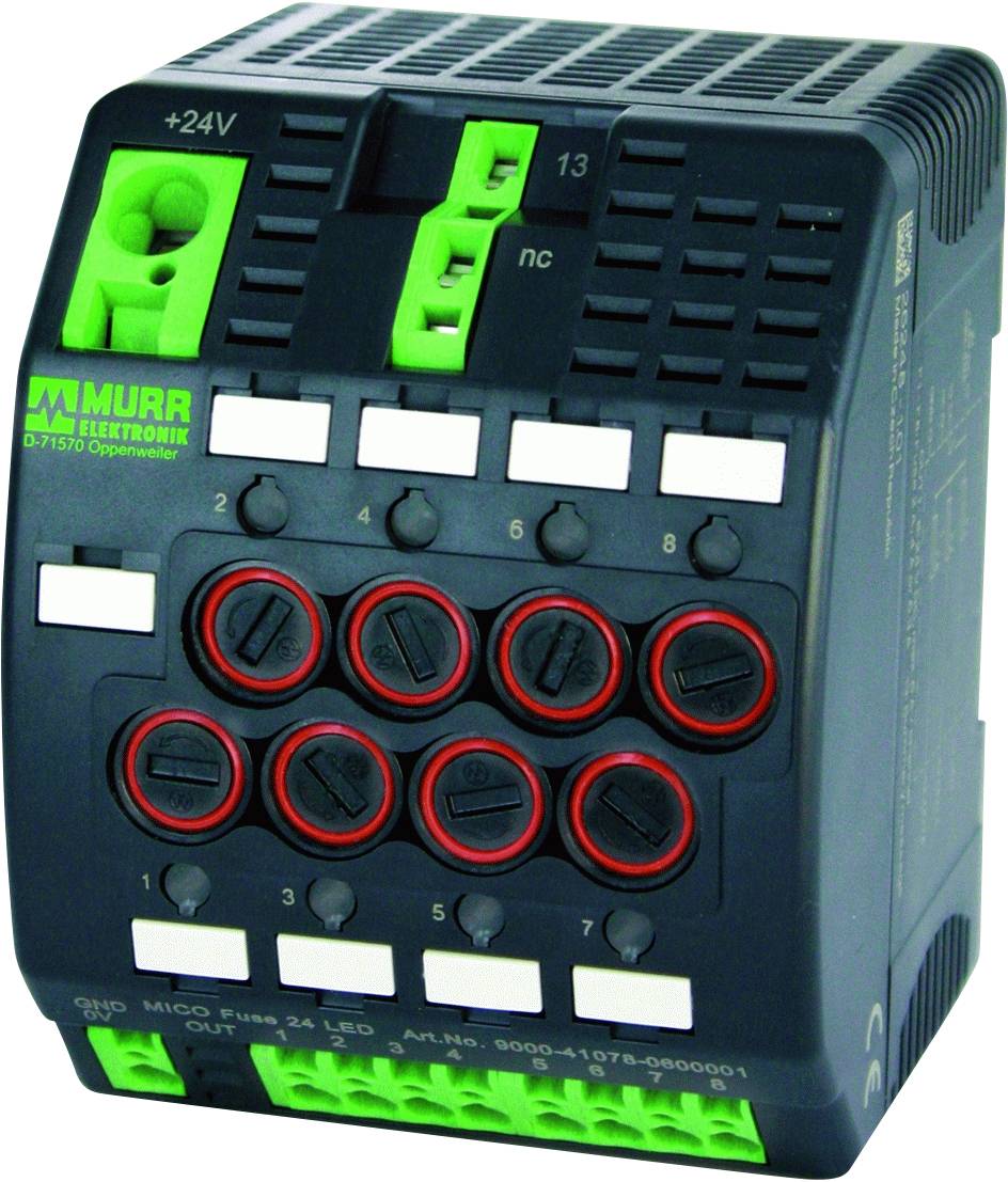 Un module électronique avec plusieurs connexions vertes et rouges, portant l'inscription 'Murrelektronik'. En haut est indiqué '+24V', avec des rangées de bornes en bas.