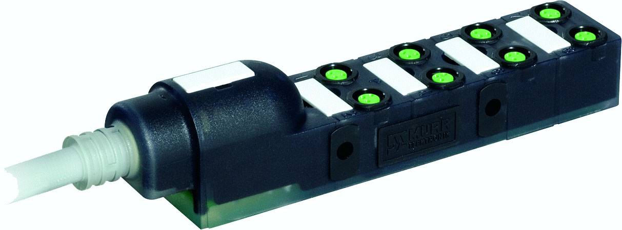 Un bloc répartiteur noir avec huit voyants LED verts. Un connecteur de câble est visible sur la gauche. Utilisé dans des applications industrielles.