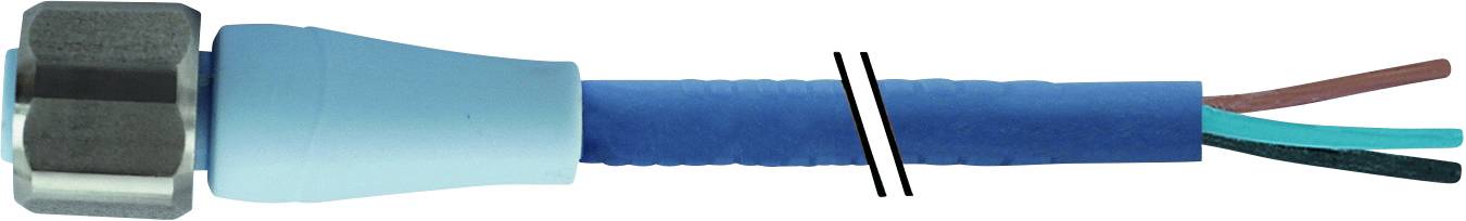 Connecteur de câble bleu avec un écrou métallique argenté et trois fils dépassants dans les couleurs marron, bleu et vert.