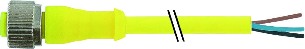 Connexion électrique jaune dénudée avec trois fils apparents en marron, bleu et vert.