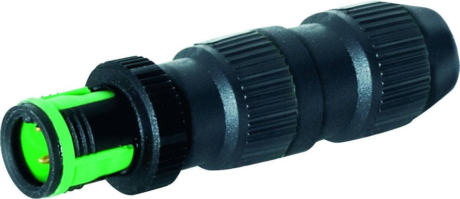Connecteur de câble noir, étanche, avec des éléments verts, adapté pour une utilisation en extérieur.
