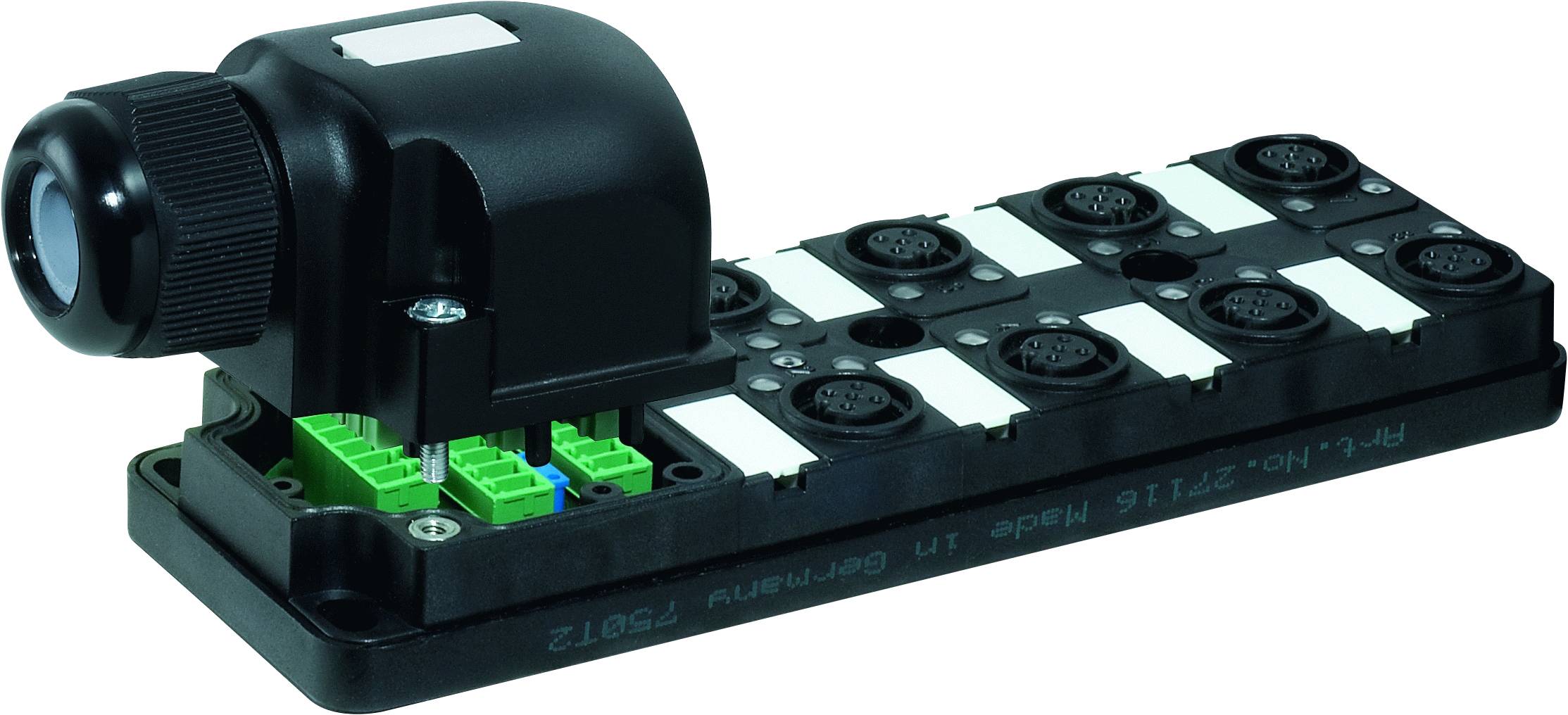 Un module de connexion électrique noir avec plusieurs connexions et bornes vertes, utilisé pour des applications industrielles.