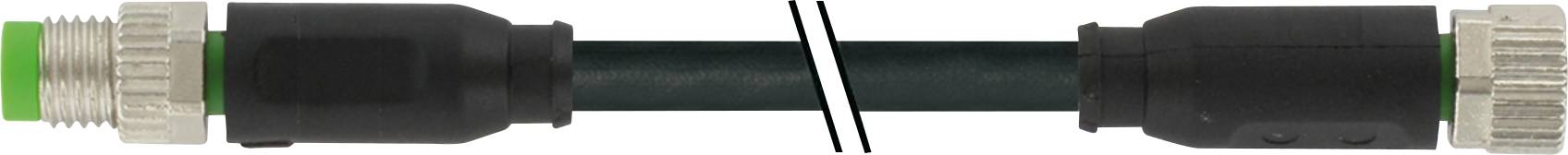 Connecteur de câble droit avec des composants noirs et verts, avec des connexions métalliques à chaque extrémité, relié par un segment de câble noir.