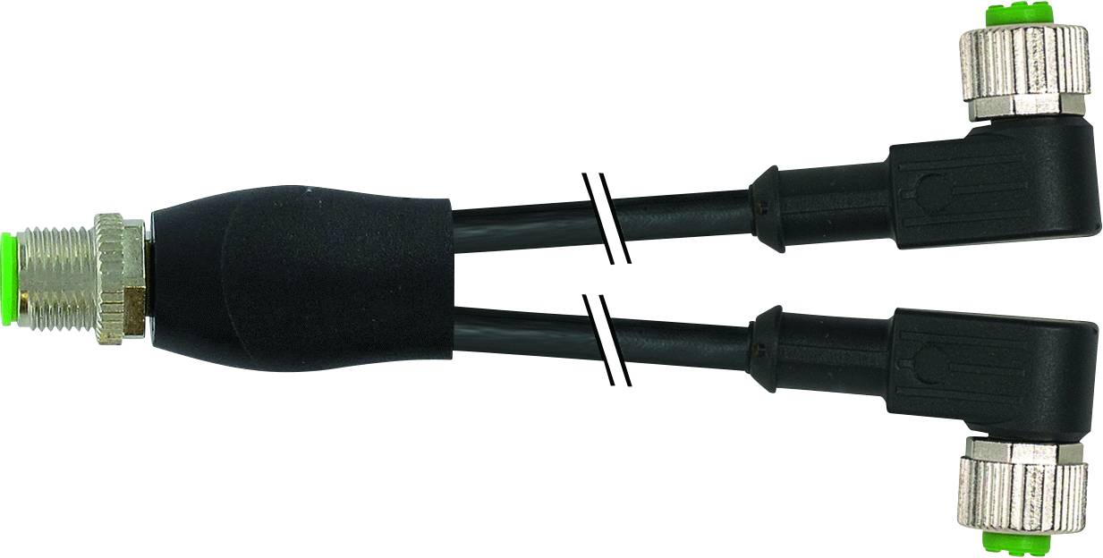 Câble double avec connecteurs marqués en vert à chaque extrémité, adapté aux applications industrielles.
