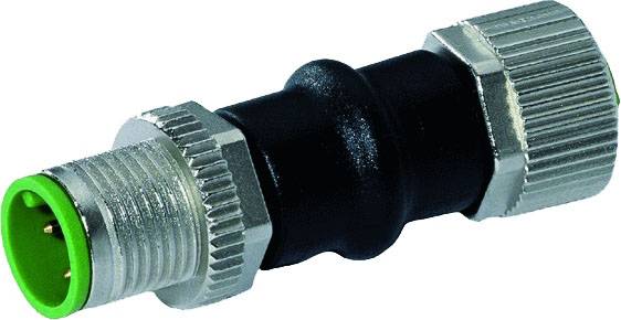 Un connecteur métallique noir et argenté avec une extrémité verte et plusieurs broches, utilisé pour les connexions électroniques.