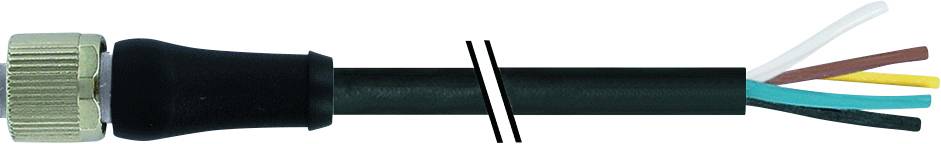 Illustration d'un câble avec une extrémité coupée révélant cinq conducteurs de couleurs différentes. Un connecteur métallique est visible à gauche.