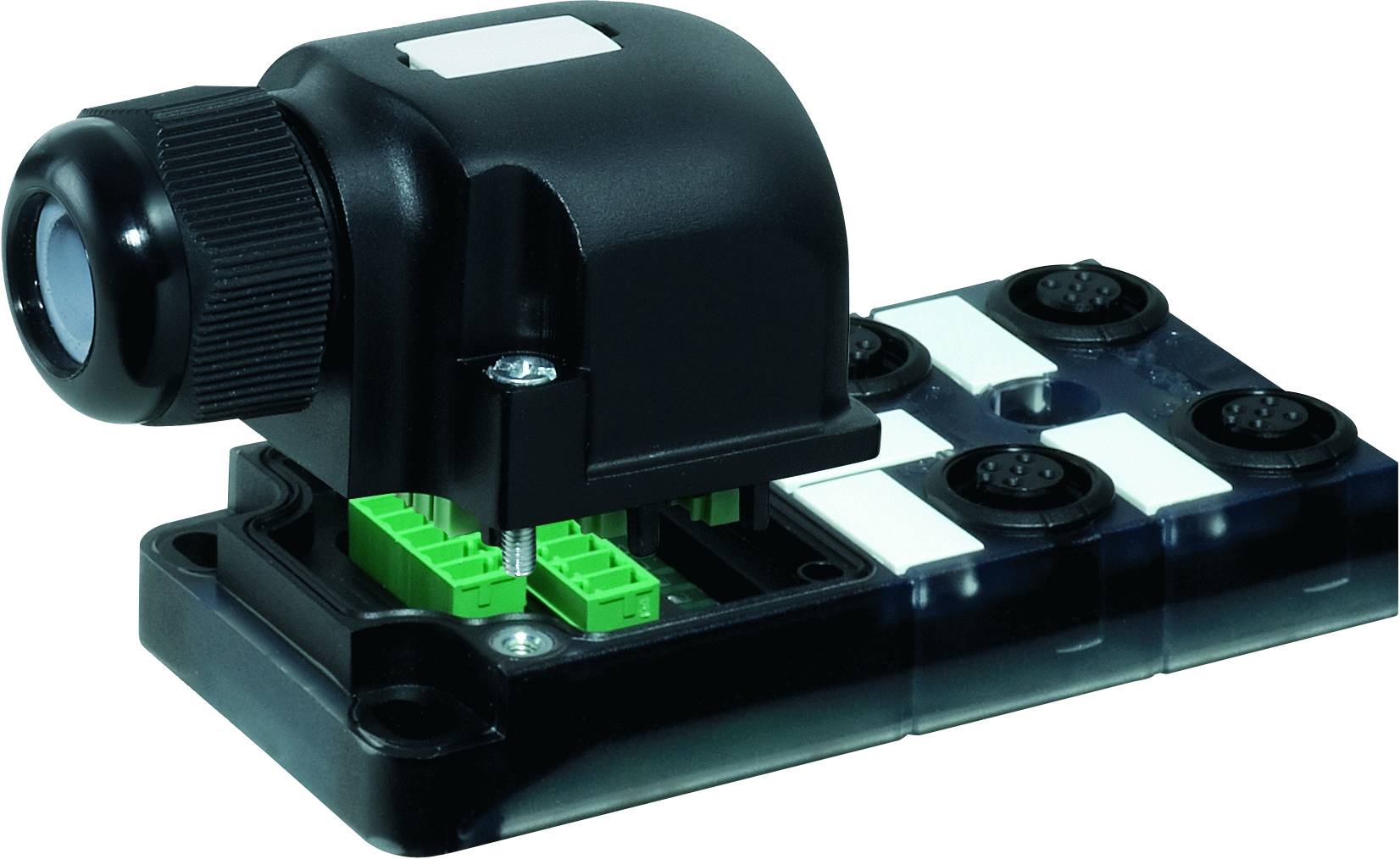 Un boîtier noir rectangulaire de caméra ou de capteur avec plusieurs connexions vertes sur la face inférieure, monté sur un rail de support.