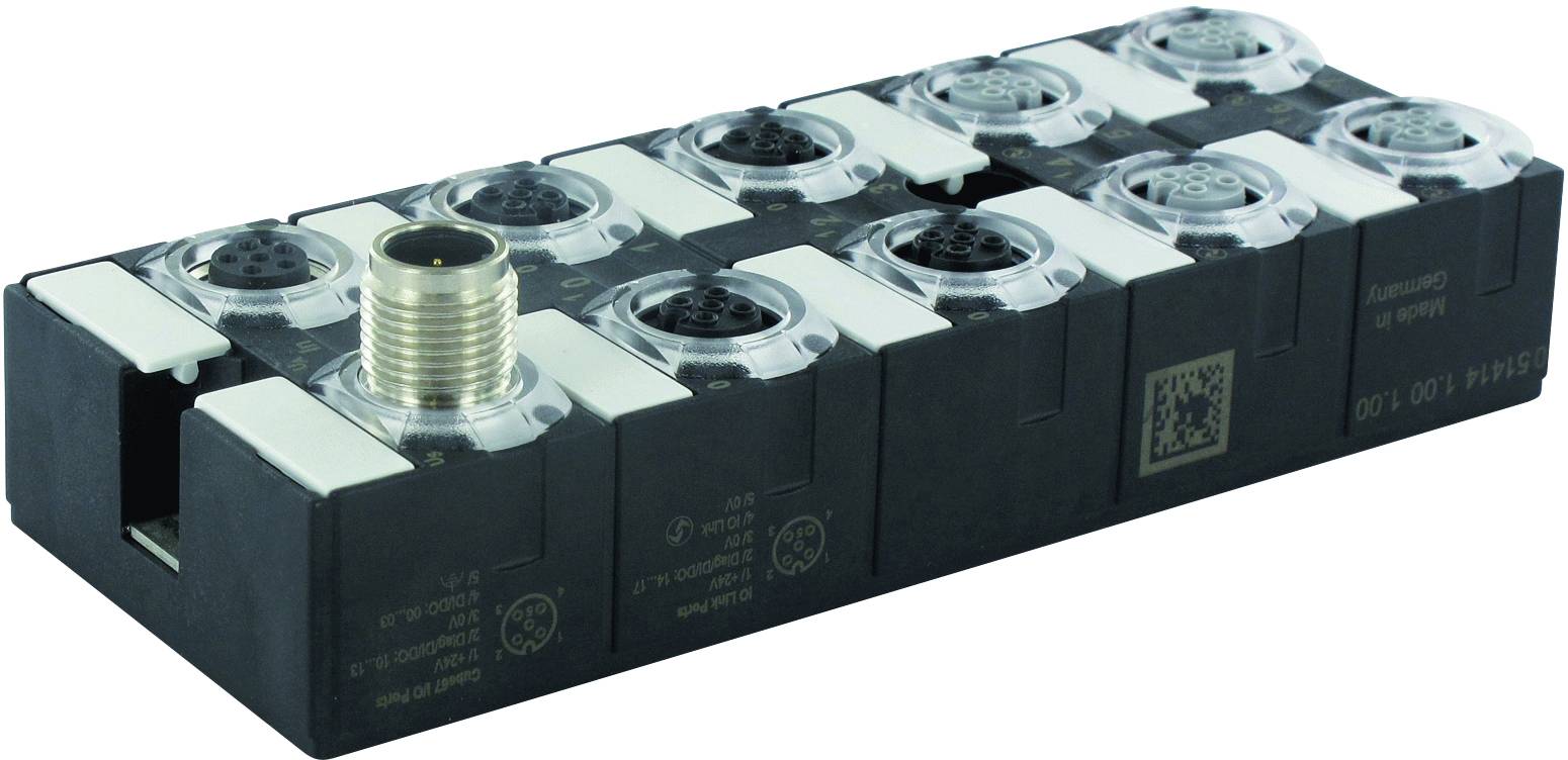 Bloc de connexion électrique noir avec plusieurs fiches rondes et connexion métallique sur le dessus.