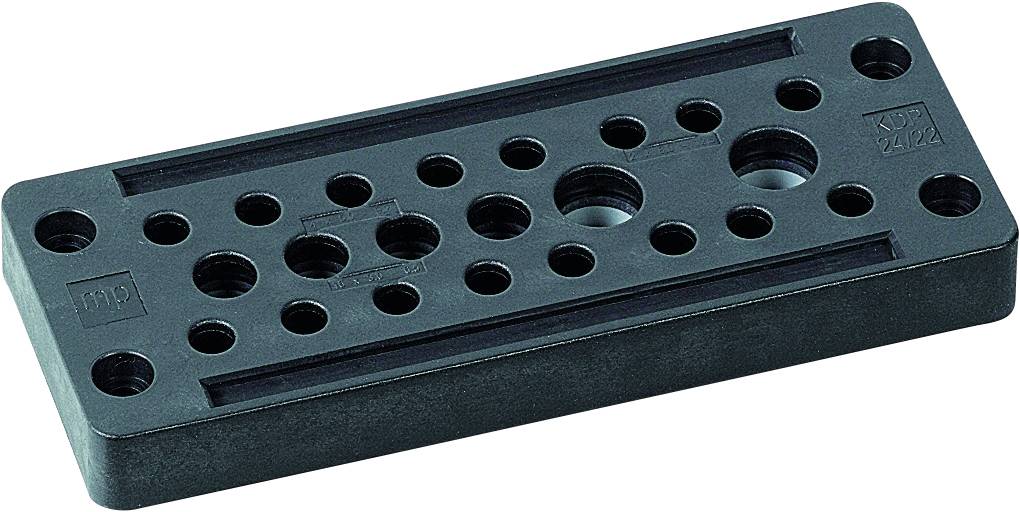 Plaque rectangulaire noire en métal avec plusieurs trous ronds de différentes tailles, utilisée pour des connexions mécaniques.
