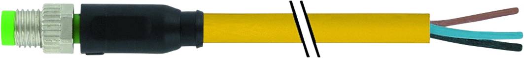 Connecteur avec câble jaune, se terminant en trois fils : marron, bleu et noir. Illustre les options de câblage.