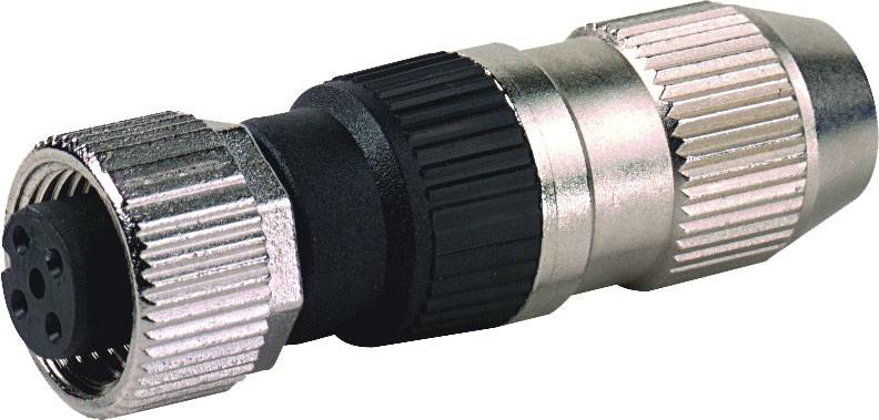 Connecteur métallique à bords cannelés avec insert en plastique, adapté aux applications industrielles.