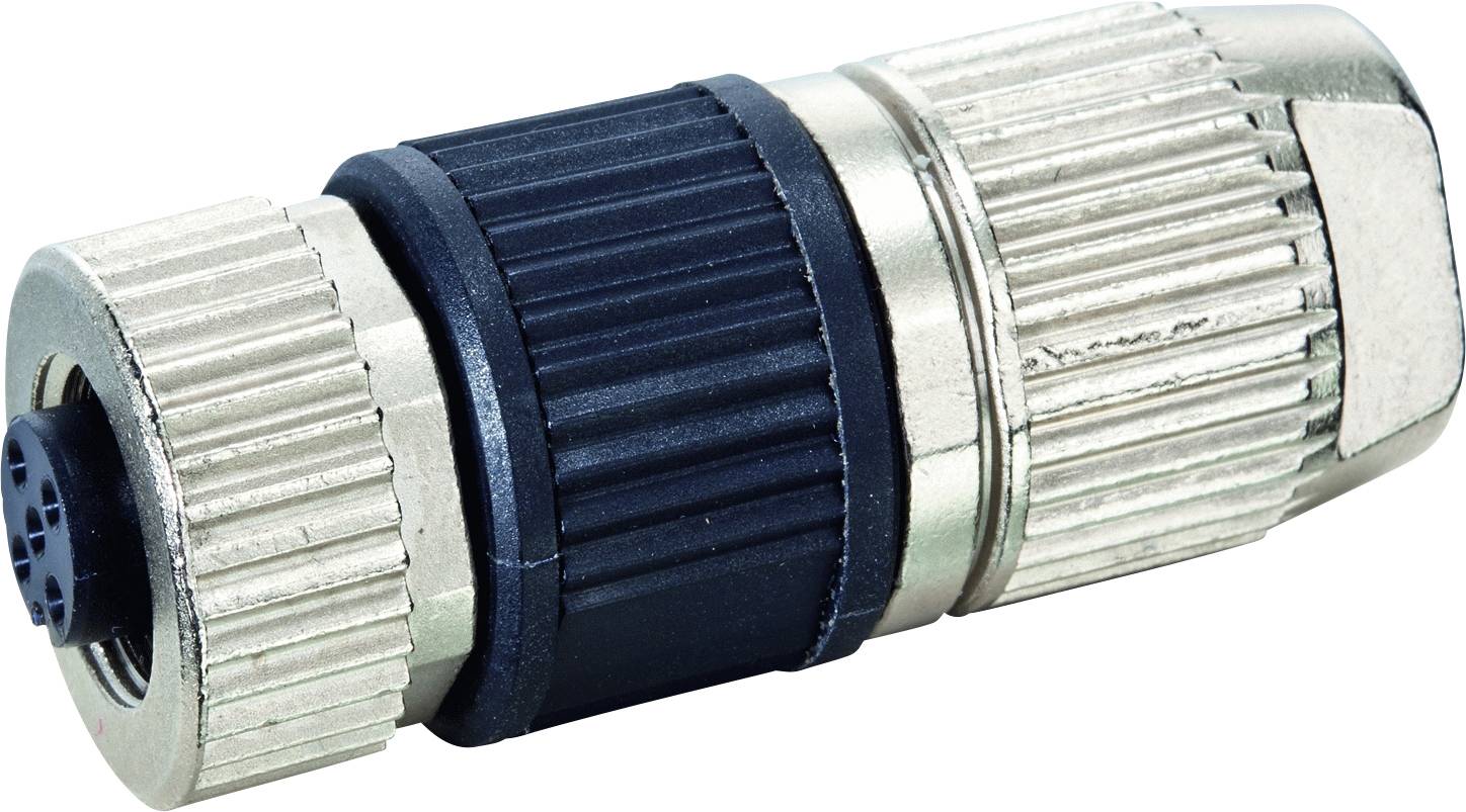 Une fiche métallique à surface striée, avec une partie centrale en plastique noir, utilisée pour des connexions industrielles.