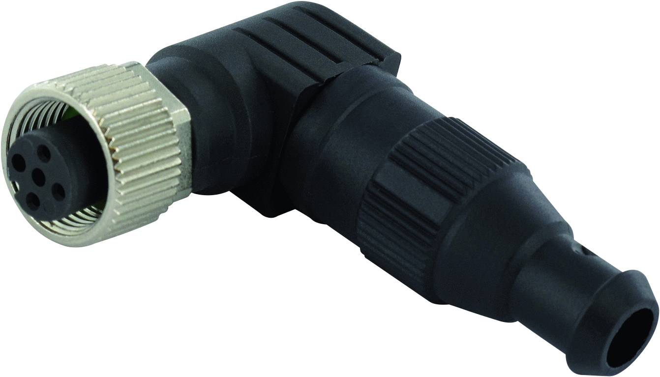 Connecteur coudé M12 noir avec filetage métallique et cinq emplacements, principalement utilisé pour les connexions industrielles.