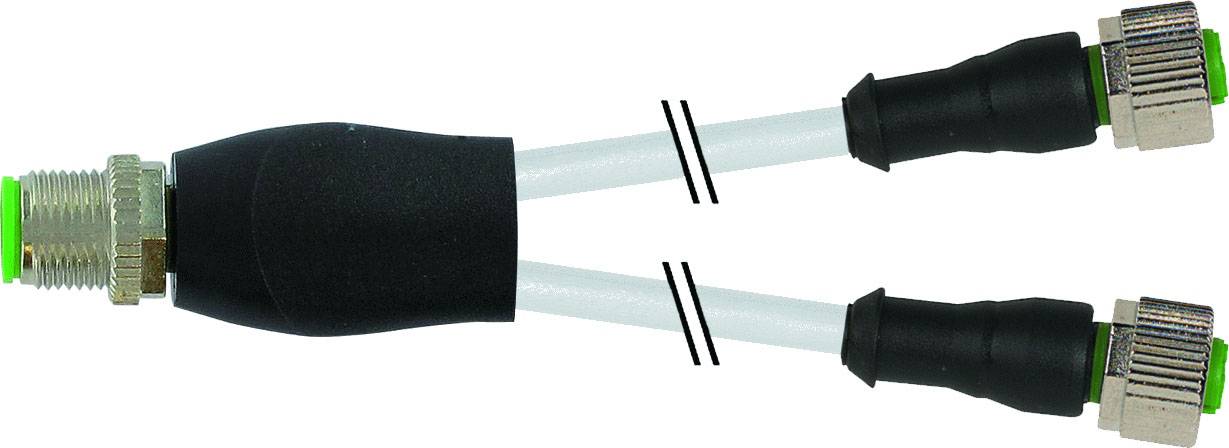 Adaptateur de câble avec une connexion mâle et deux connexions femelles, reliées par un boîtier noir.