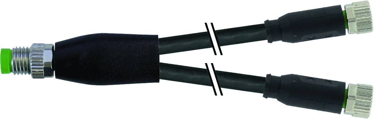 Un câble Y noir avec une fiche mâle verte, se séparant en deux extrémités femelles noires.
