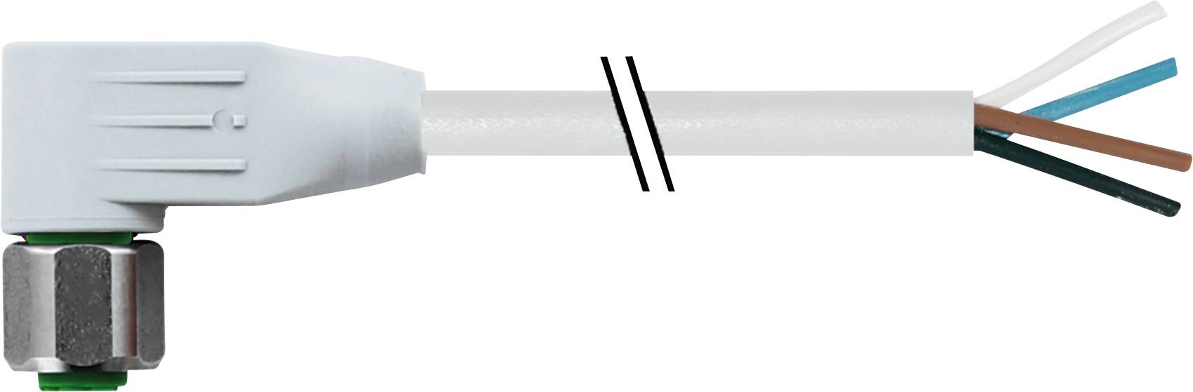 Un connecteur blanc avec des extrémités de câbles exposées de différentes couleurs, adapté pour les connexions électriques.