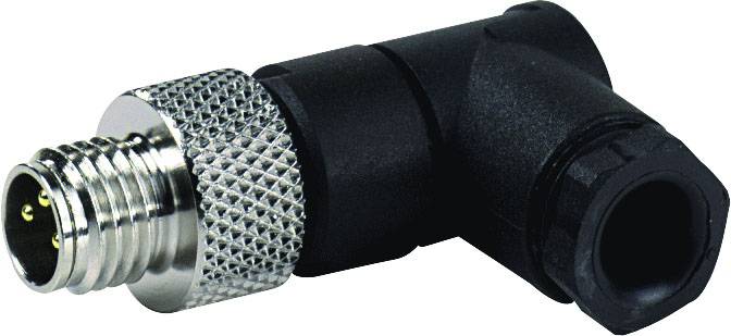 Un adaptateur coudé M12 noir et argent avec filetage à vis et plusieurs contacts. Adapté pour les connexions industrielles.