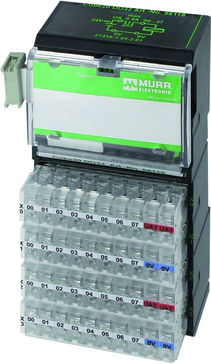 Module électrique de MURR Elektronik avec plusieurs rangées de bornes, numérotées de 01 à 08, pour applications industrielles.