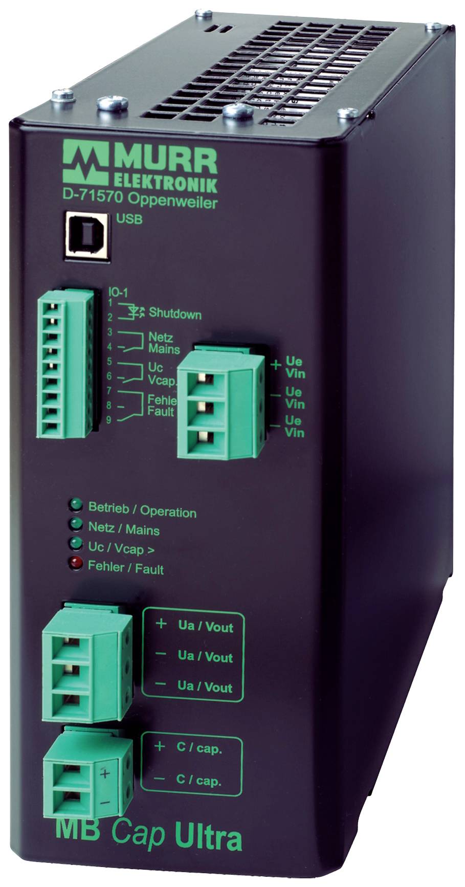 Appareil électronique de Murr Elektronik doté de plusieurs connexions vertes, étiqueté avec des indicateurs de fonctionnement et de défaut.