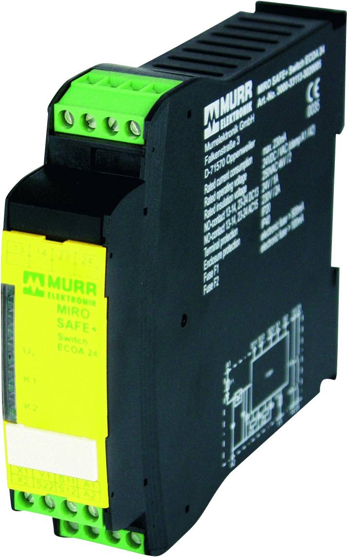 Un appareil électronique noir avec une fiche verte et une étiquette jaune sur la façade. En haut à gauche est inscrit 'Murrelektronik'.