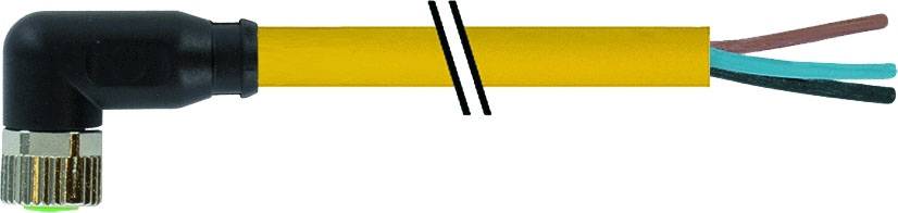 Un connecteur de capteur coudé jaune avec trois fils dénudés en noir, vert et marron.