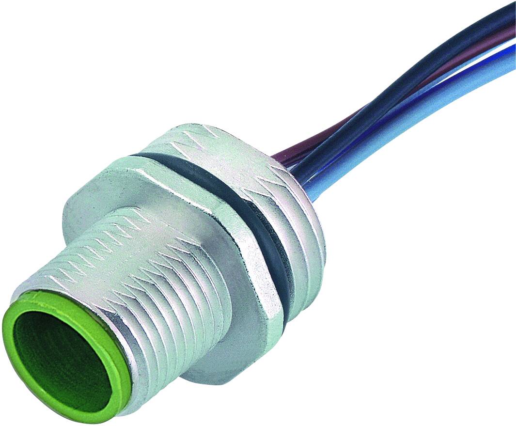 Connecteur de câble électrique avec tête verte et fils bleus et bruns, principalement utilisé pour les connexions électriques.