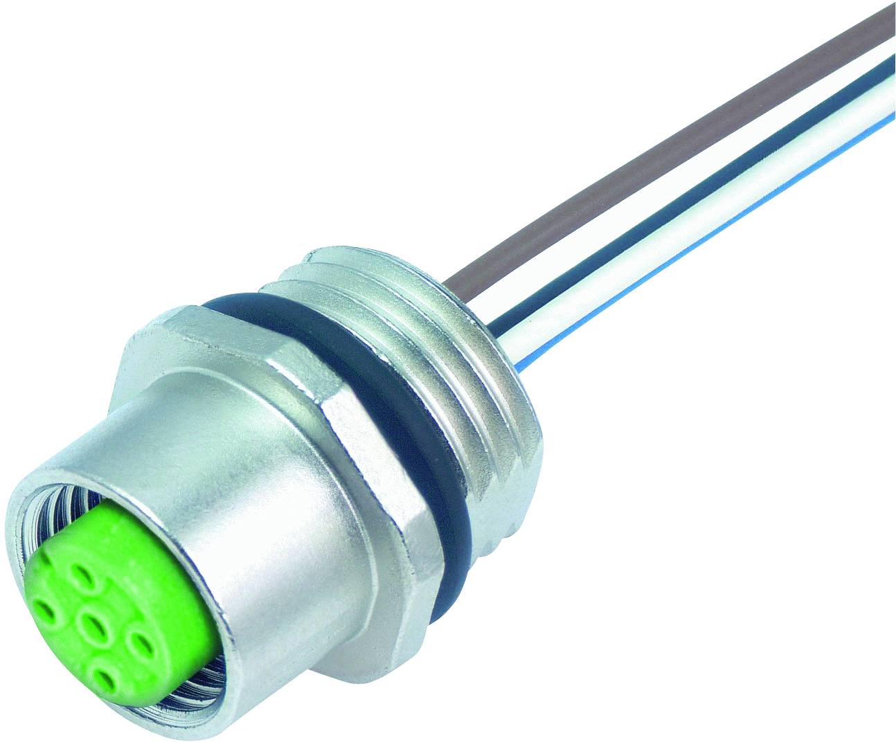 Un connecteur argenté avec une extrémité verte et six points de connexion circulaires, relié à quatre câbles de différentes couleurs.