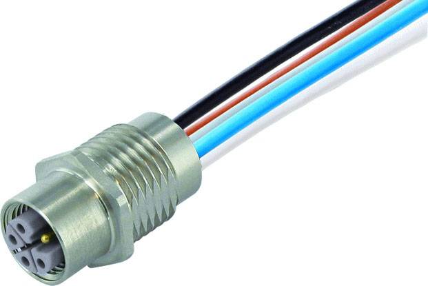 Un connecteur métallique avec plusieurs câbles de couleurs différentes (noir, rouge, blanc, bleu) en sortant.