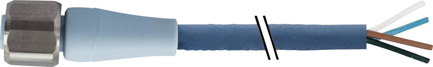 Câble bleu avec connecteur métallique à gauche et conducteurs internes dénudés colorés à droite.