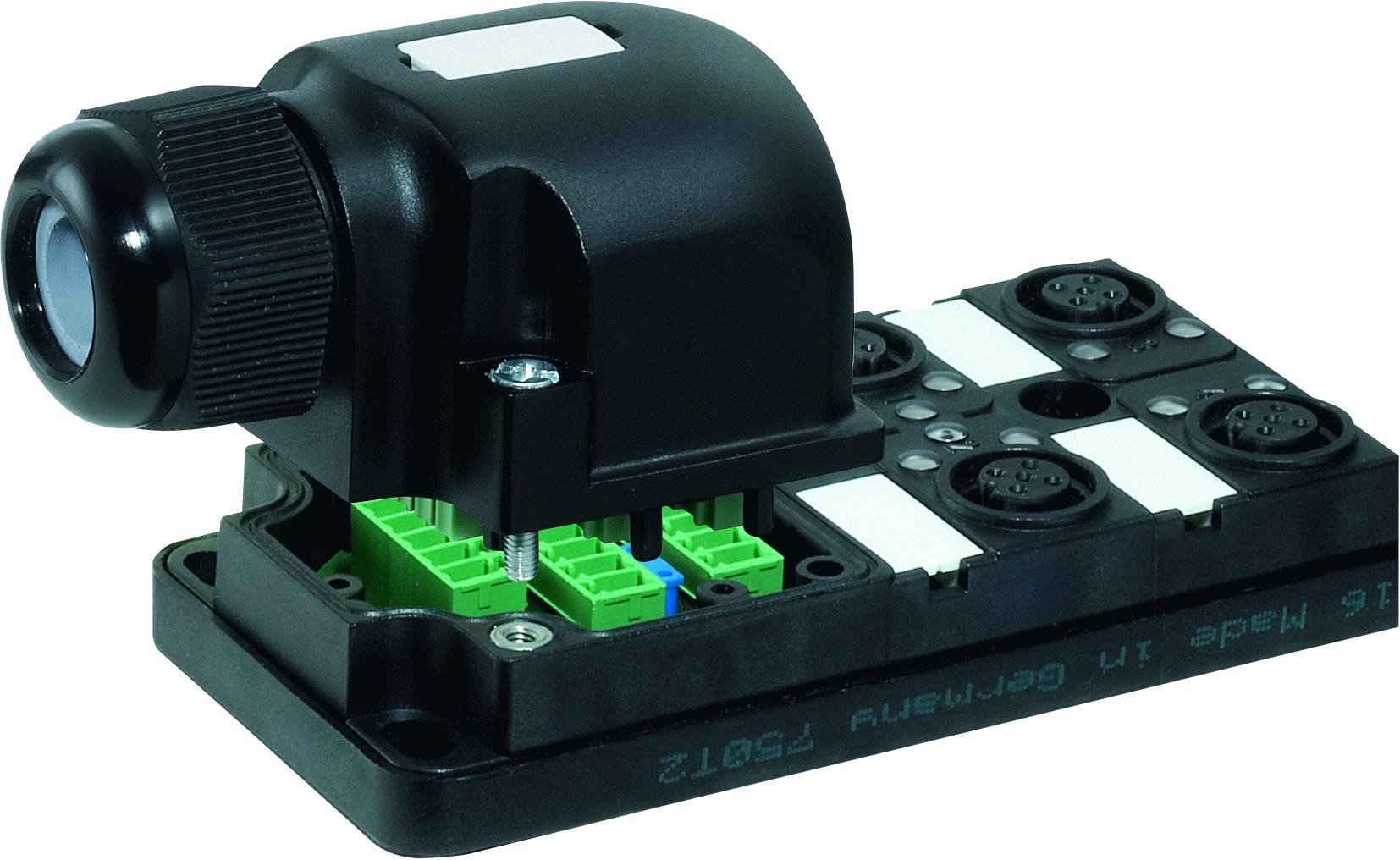 Un capteur électronique noir avec plusieurs connexions et ports, monté sur une base rectangulaire.