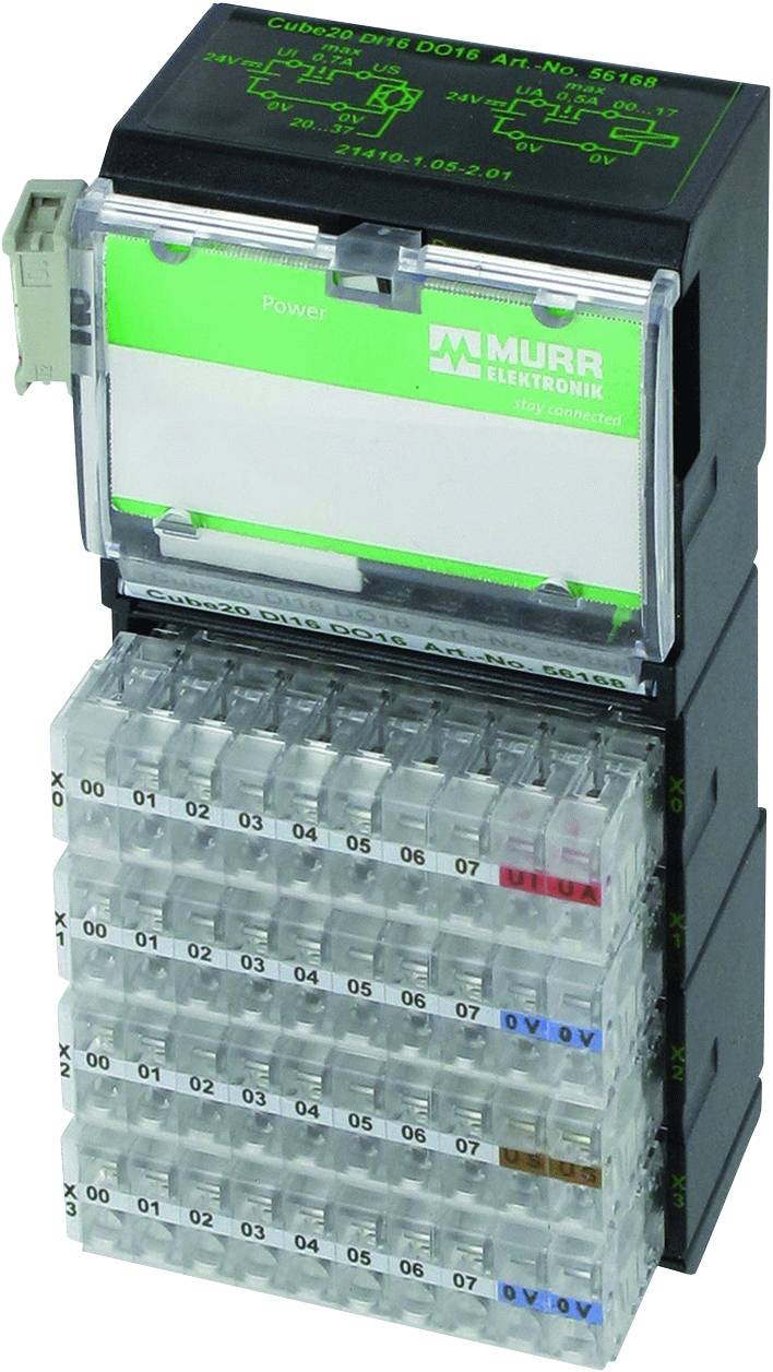 Un module électronique avec une façade avant verte et plusieurs bornes de connexion en dessous, utilisé pour l'automatisation industrielle.