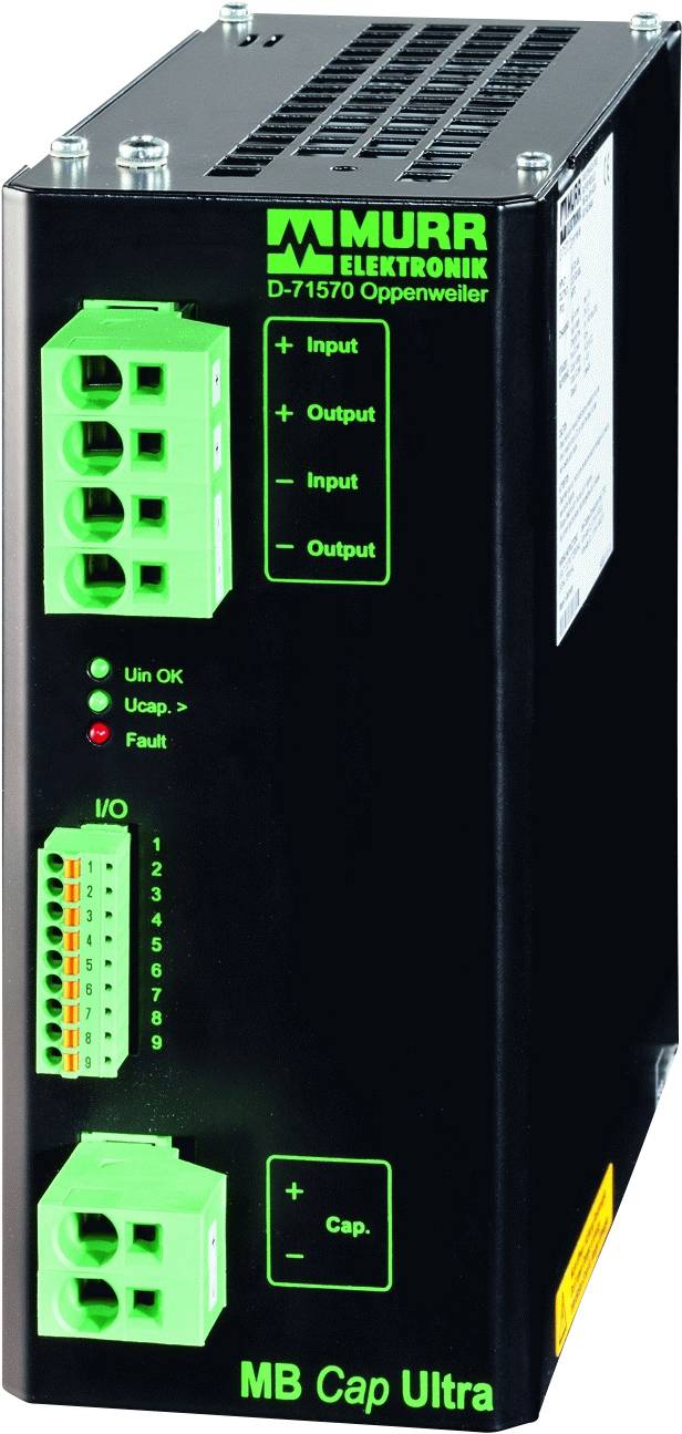 Un appareil noir avec des connecteurs verts et l'inscription 'MURR Elektronik'. Il affiche 'Input', 'Output' et des indicateurs de statut.