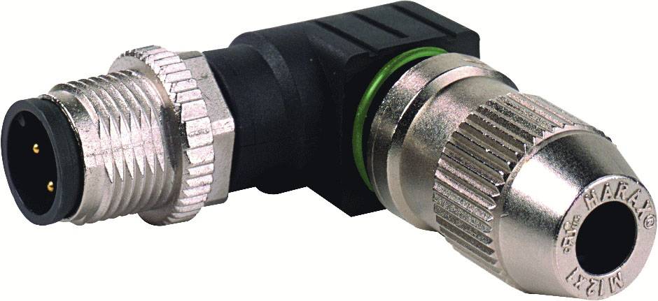 Un connecteur coudé en métal et plastique avec deux emplacements, adapté aux connexions électriques dans les applications industrielles.