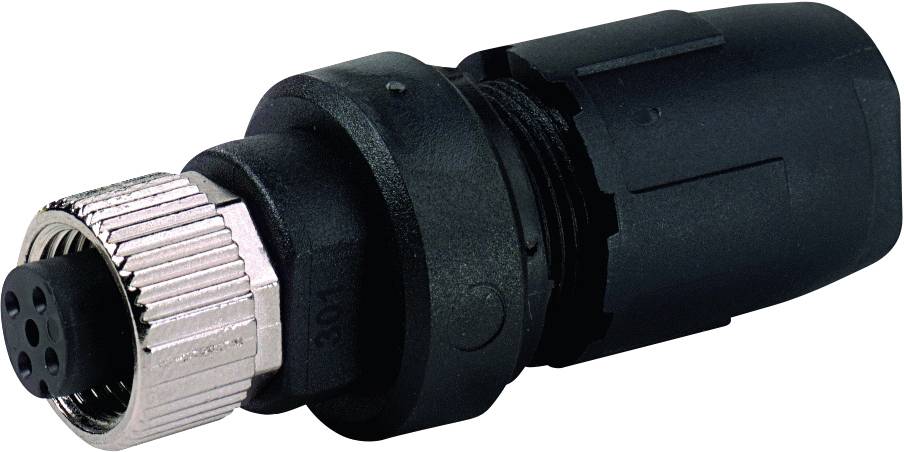 Un connecteur cylindrique noir avec une bague striée argentée et cinq broches visibles à une extrémité.