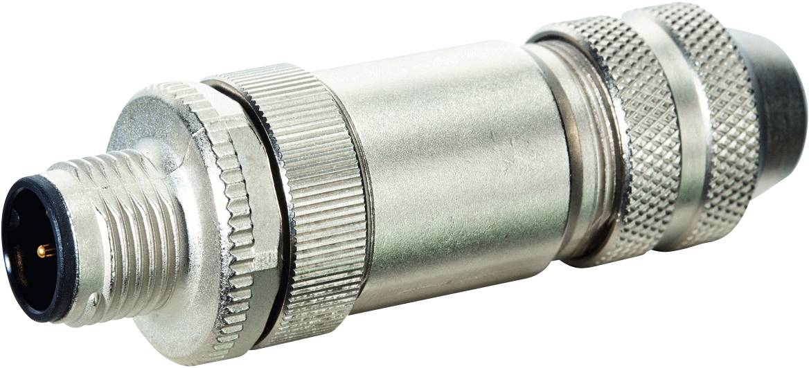 Un connecteur métallique cylindrique à bord cannelé avec des composants en plastique noir, adapté aux applications industrielles.
