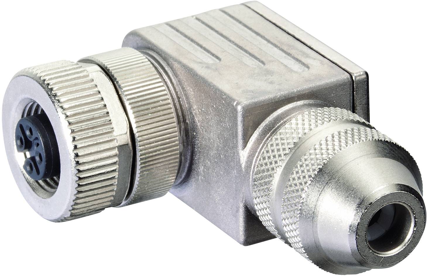 Un connecteur carré métallique avec deux bornes cylindriques, l'une à surface rainurée et l'autre équipée d'un anneau de serrage.