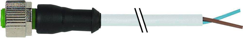 Un connecteur avec un boîtier métallique et deux fils visibles, bleu et marron, sortant d'un câble blanc.