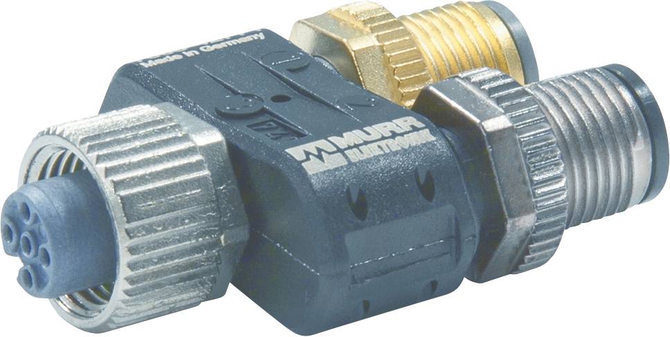 Un connecteur M12 noir avec plusieurs connexions à vis dorées et argentées. Texte 'Made in Germany'.