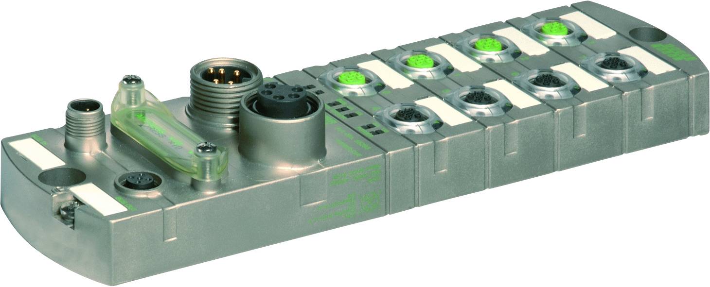 Élément de connexion industriel avec plusieurs interfaces et indicateurs LED verts, utilisé pour le contrôle dans des systèmes automatisés.