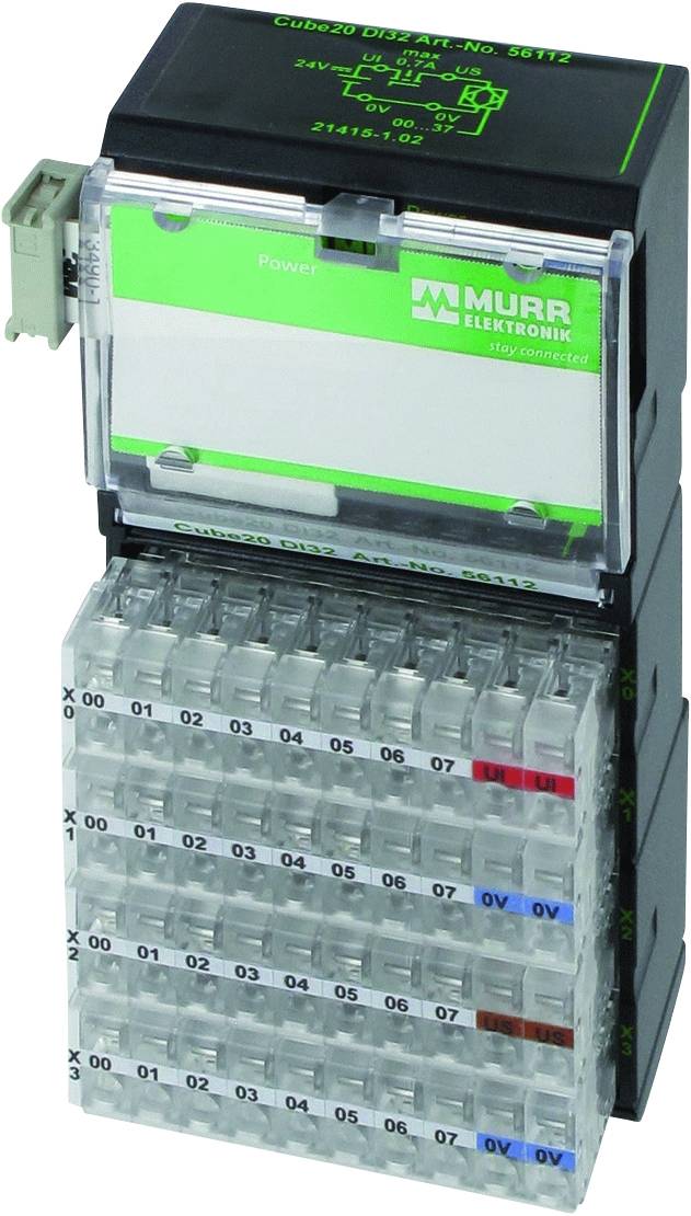 Module électronique avec boîtier transparent, portant l'inscription 'Murr Elektronik', montrant six rangées de connexions codées par couleur.