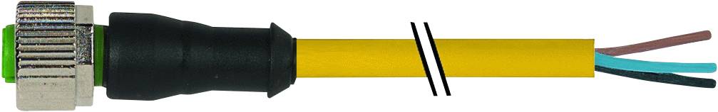 Câble jaune avec fiche métallique et trois fils apparents en marron, bleu et vert.