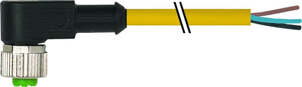 Gros plan d'une prise coudée avec un câble jaune et un connecteur argenté. Trois fils (bleu, vert, marron) dépassent.